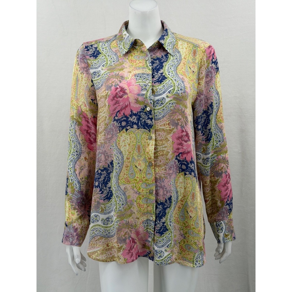 Rose + Olive Top Womens Medium Yellow Pink Paisley Floral Button Up Boho Spring